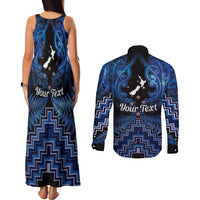 Personalised Aotearoa Matariki Couples Matching Tank Maxi Dress and Long Sleeve Button Shirt Blue Fern Maori Poutama