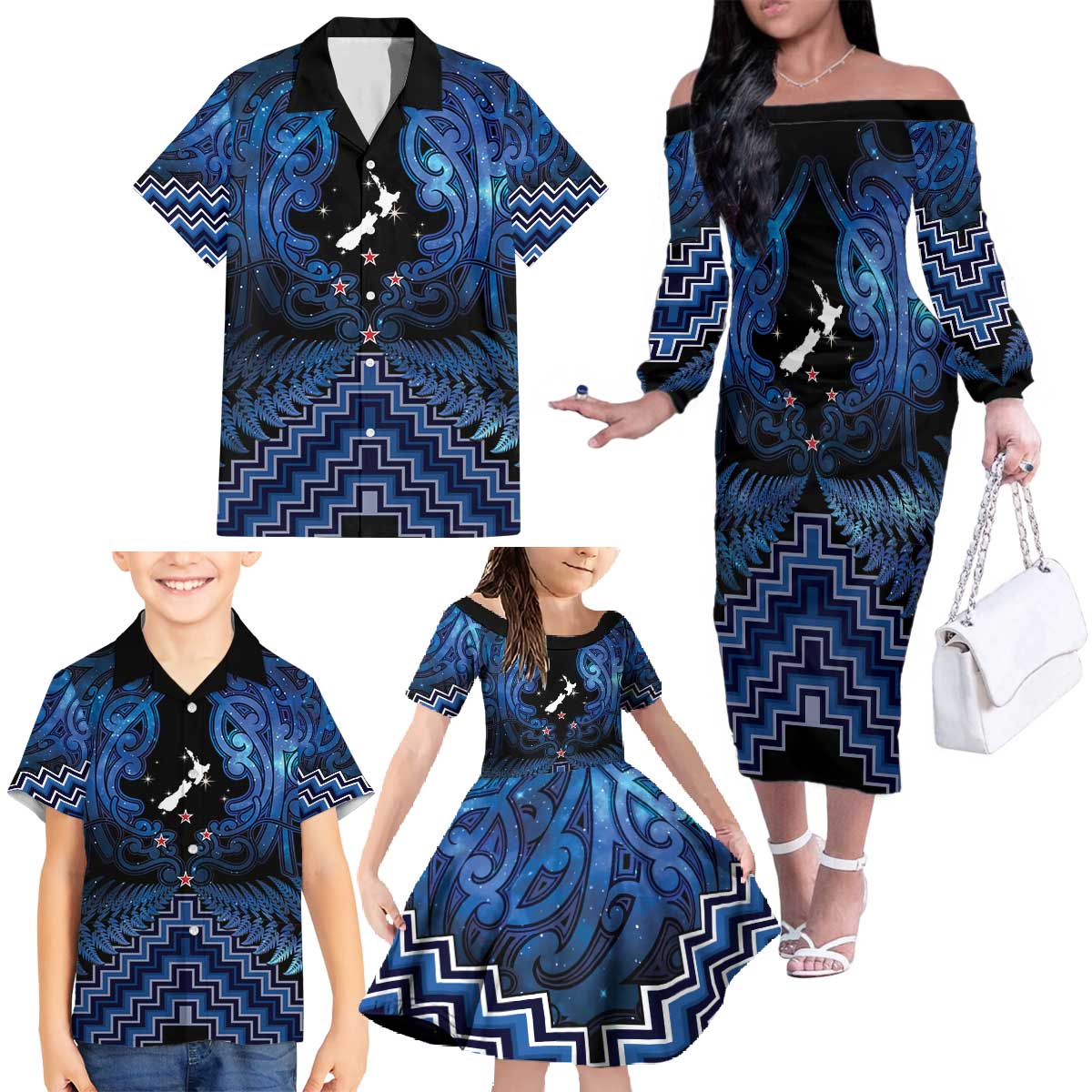 Personalised Aotearoa Matariki Family Matching Off The Shoulder Long Sleeve Dress and Hawaiian Shirt Blue Fern Maori Poutama