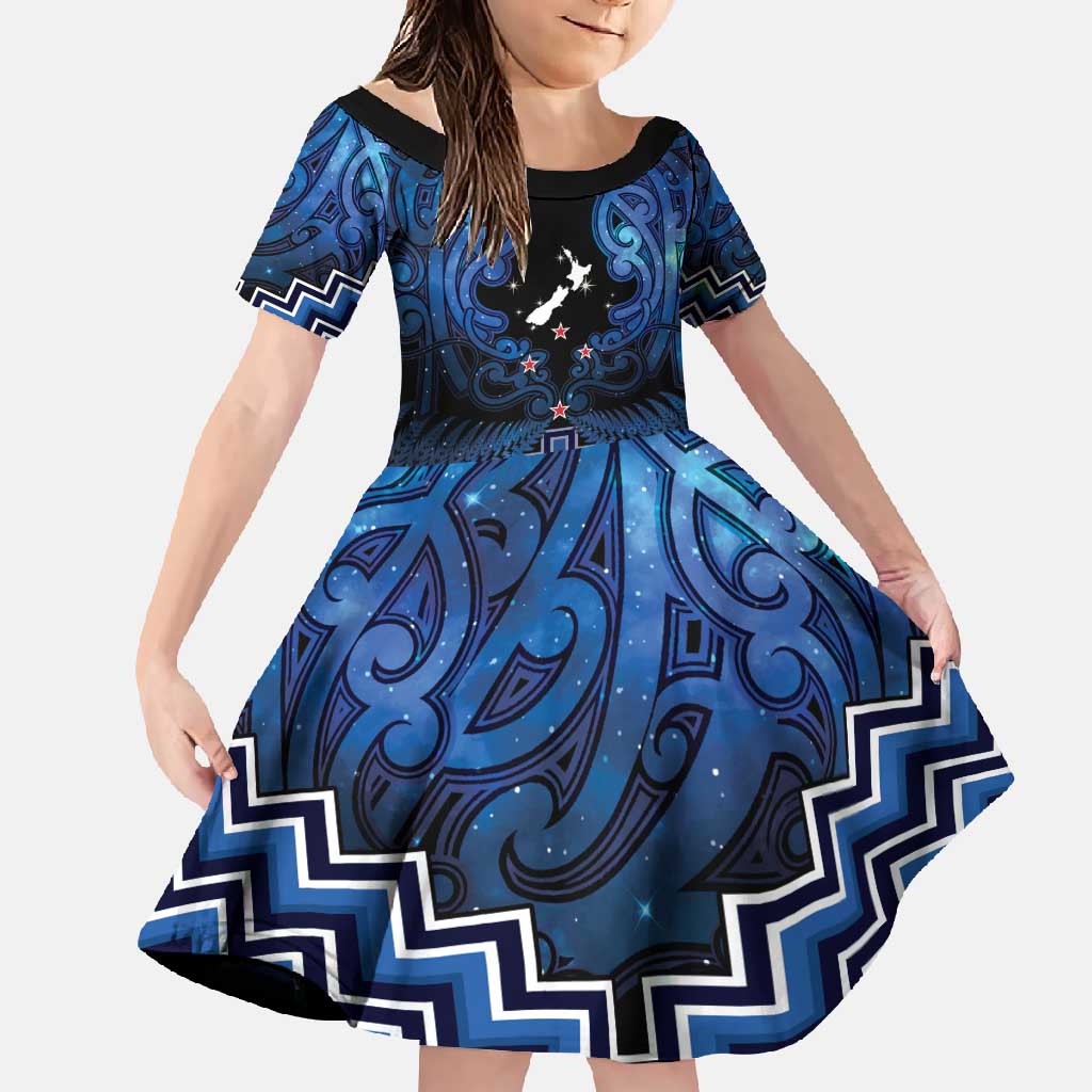 Personalised Aotearoa Matariki Family Matching Off Shoulder Maxi Dress and Hawaiian Shirt Blue Fern Maori Poutama