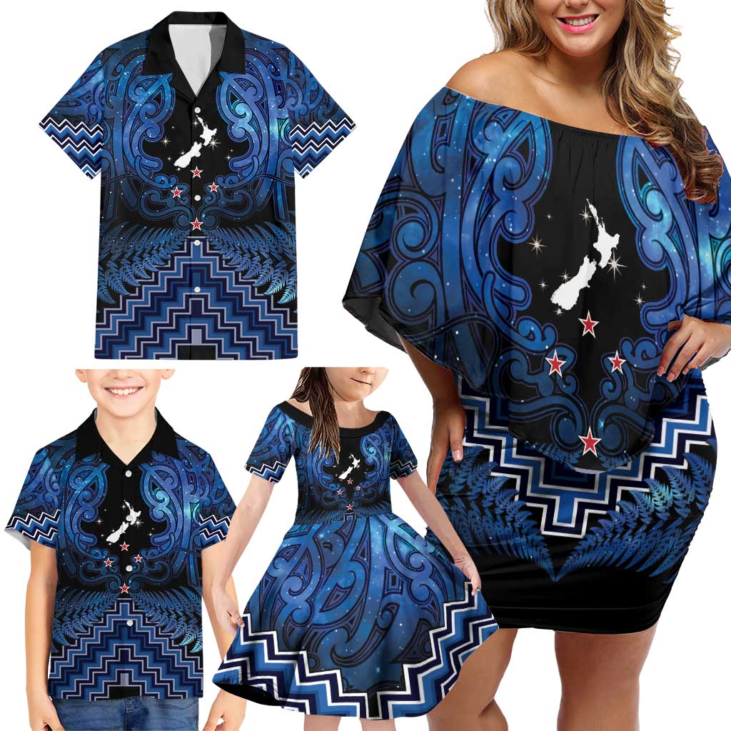 Personalised Aotearoa Matariki Family Matching Off Shoulder Short Dress and Hawaiian Shirt Blue Fern Maori Poutama