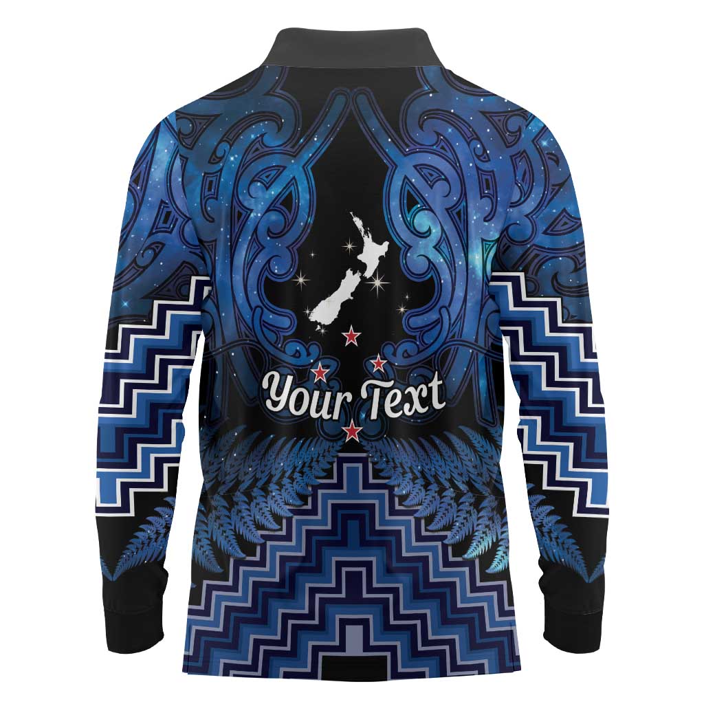 Personalised Aotearoa Matariki Long Sleeve Polo Shirt Blue Fern Maori Poutama