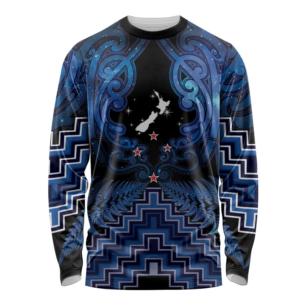 Personalised Aotearoa Matariki Long Sleeve Shirt Blue Fern Maori Poutama