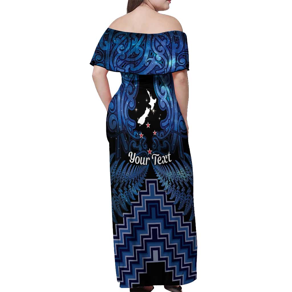 Personalised Aotearoa Matariki Off Shoulder Maxi Dress Blue Fern Maori Poutama