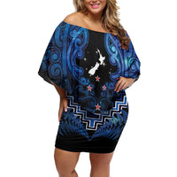 Personalised Aotearoa Matariki Off Shoulder Short Dress Blue Fern Maori Poutama