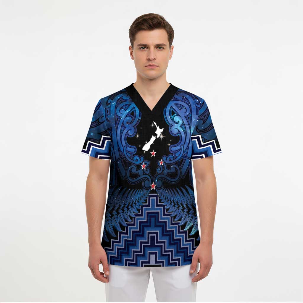 Personalised Aotearoa Matariki Scrub Top Blue Fern Maori Poutama - Polynesian Pride
