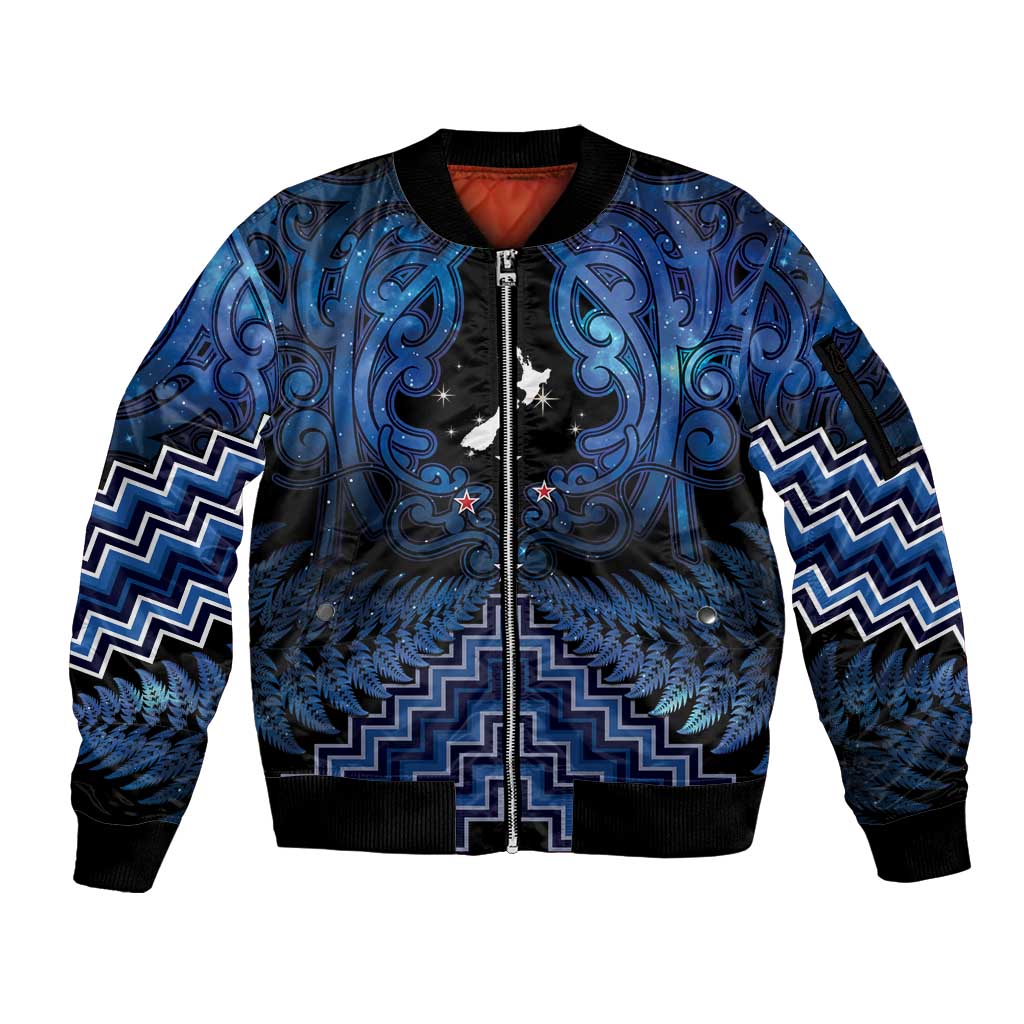 Personalised Aotearoa Matariki Sleeve Zip Bomber Jacket Blue Fern Maori Poutama LT01 Unisex Blue - Polynesian Pride