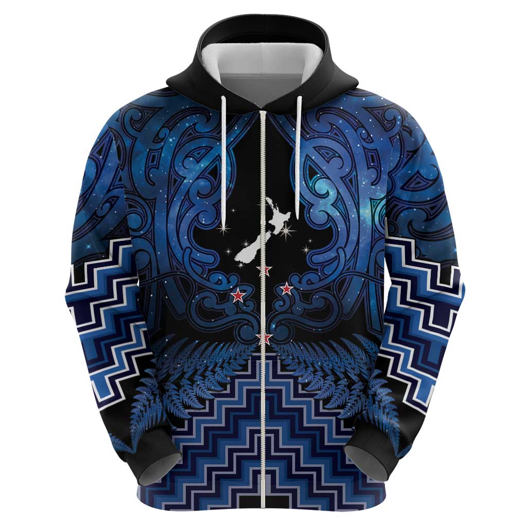 Personalised Aotearoa Matariki Zip Hoodie Blue Fern Maori Poutama LT01 - Polynesian Pride