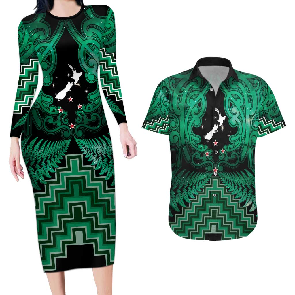 Personalised Aotearoa Matariki Couples Matching Long Sleeve Bodycon Dress and Hawaiian Shirt Green Fern Maori Poutama