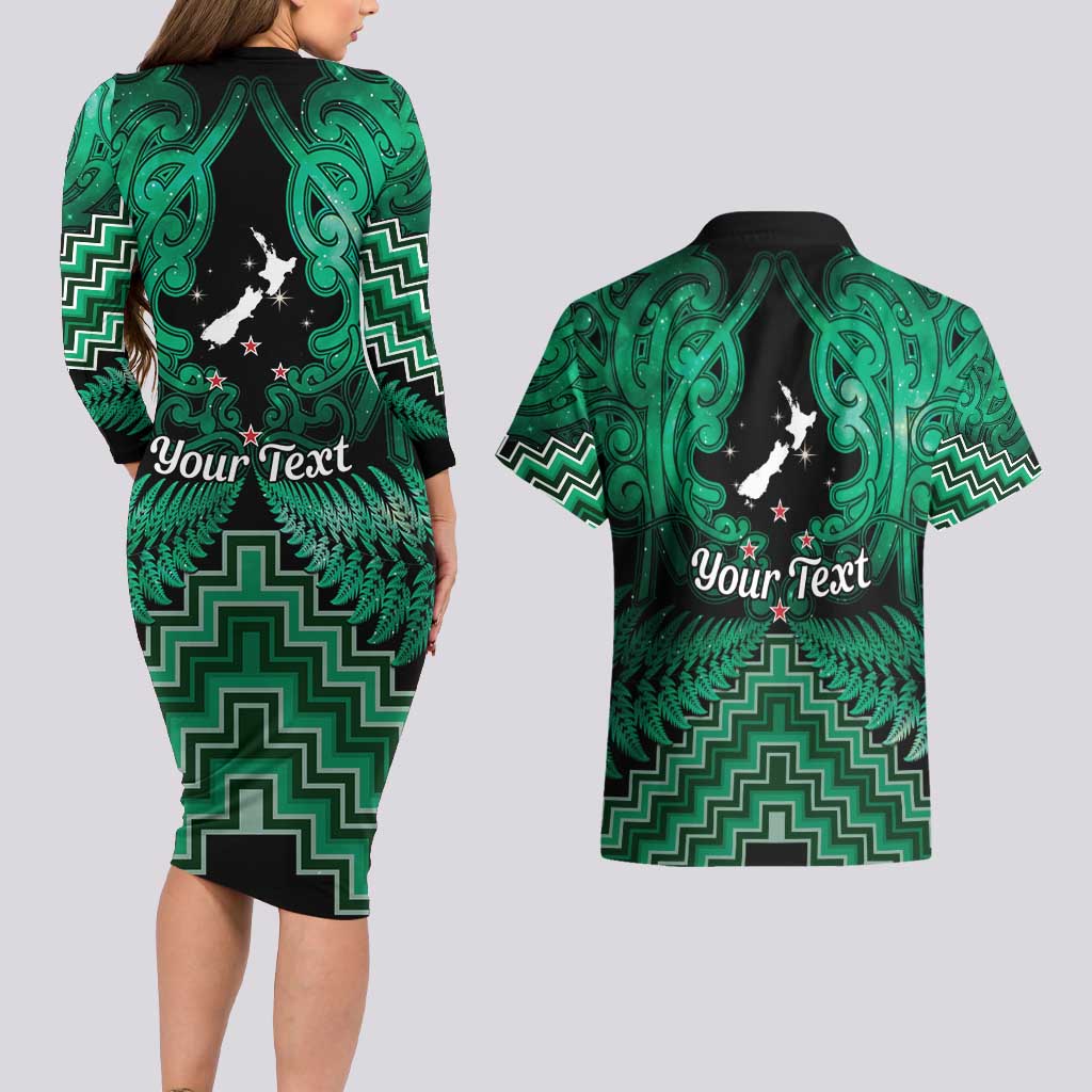 Personalised Aotearoa Matariki Couples Matching Long Sleeve Bodycon Dress and Hawaiian Shirt Green Fern Maori Poutama