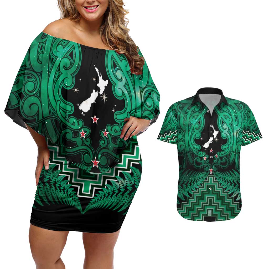Personalised Aotearoa Matariki Couples Matching Off Shoulder Short Dress and Hawaiian Shirt Green Fern Maori Poutama