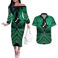 Personalised Aotearoa Matariki Couples Matching Off The Shoulder Long Sleeve Dress and Hawaiian Shirt Green Fern Maori Poutama