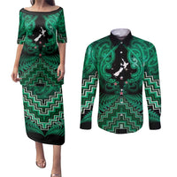 Personalised Aotearoa Matariki Couples Matching Puletasi and Long Sleeve Button Shirt Green Fern Maori Poutama
