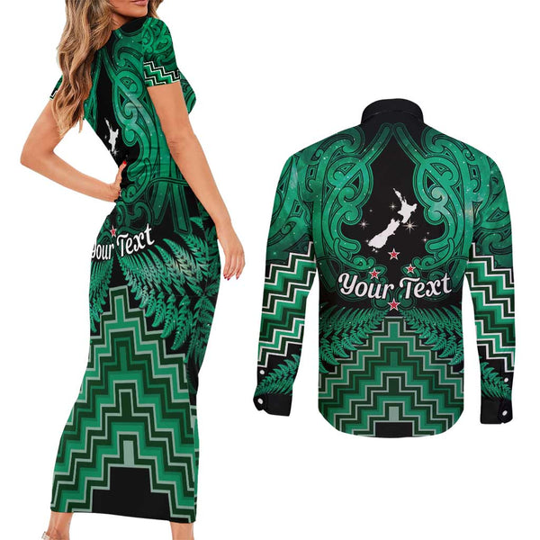 New Zealand Couples Matching Short Sleeve Bodycon Dress and Long Sleeve Button Shirts Aotearoa Manaia Maori Fern Tattoo Arty LT9 main image 0