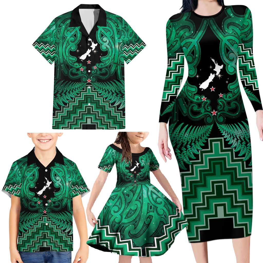 Personalised Aotearoa Matariki Family Matching Long Sleeve Bodycon Dress and Hawaiian Shirt Green Fern Maori Poutama
