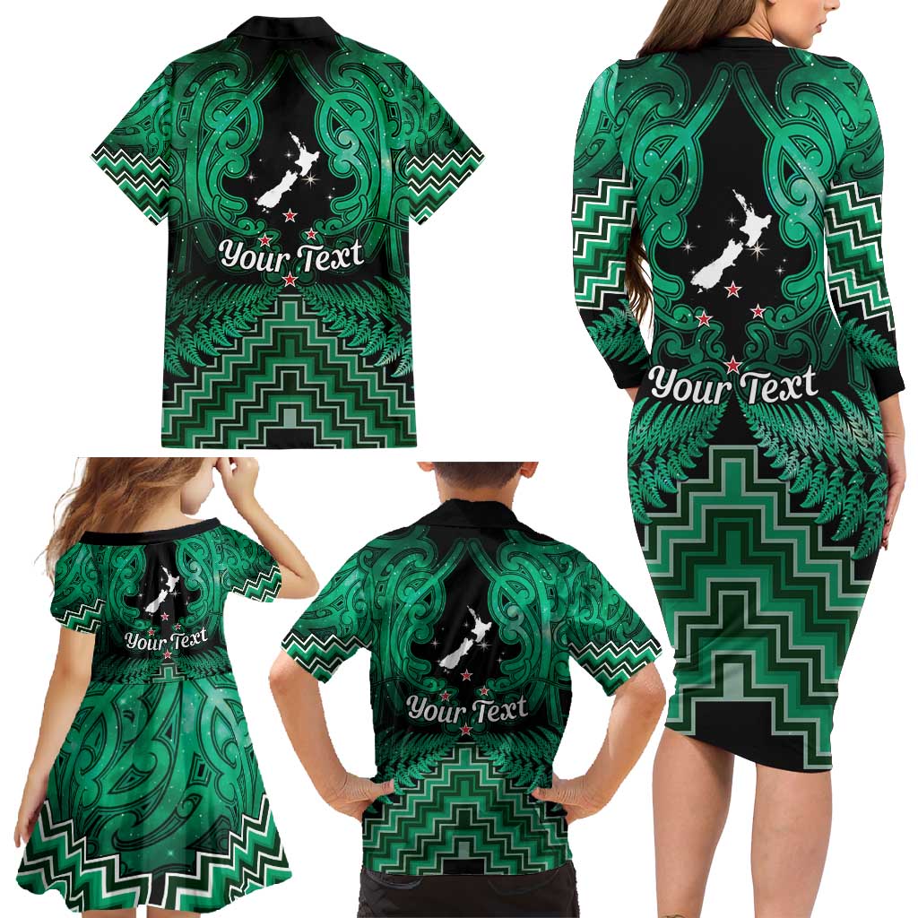 Personalised Aotearoa Matariki Family Matching Long Sleeve Bodycon Dress and Hawaiian Shirt Green Fern Maori Poutama