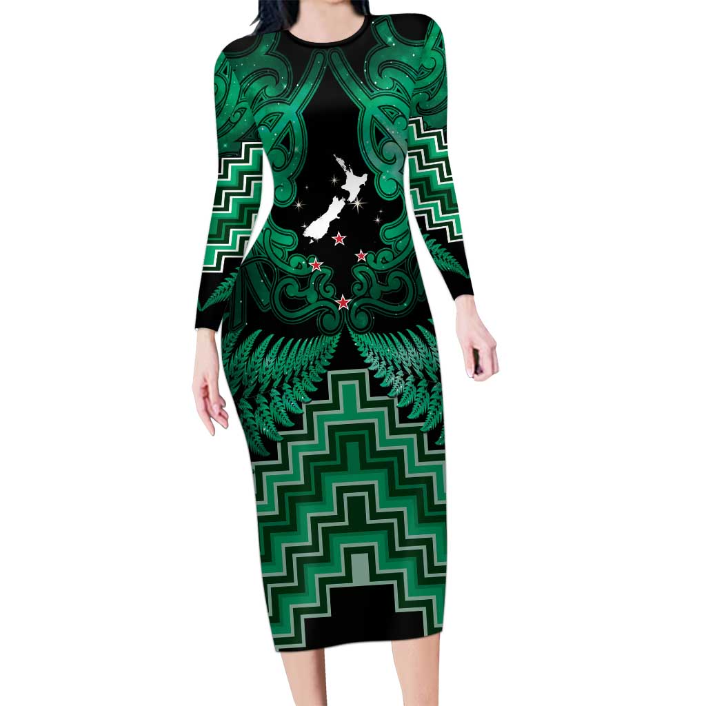 Personalised Aotearoa Matariki Family Matching Long Sleeve Bodycon Dress and Hawaiian Shirt Green Fern Maori Poutama