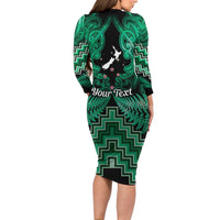 Personalised Aotearoa Matariki Family Matching Long Sleeve Bodycon Dress and Hawaiian Shirt Green Fern Maori Poutama