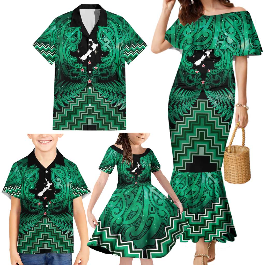 Personalised Aotearoa Matariki Family Matching Mermaid Dress and Hawaiian Shirt Green Fern Maori Poutama