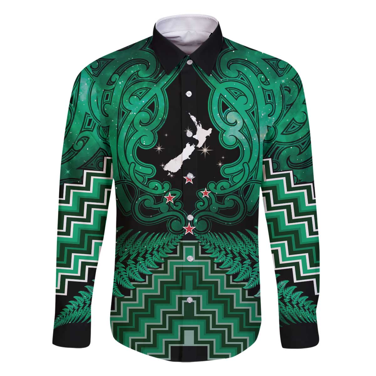 Personalised Aotearoa Matariki Family Matching Off The Shoulder Long Sleeve Dress and Hawaiian Shirt Green Fern Maori Poutama