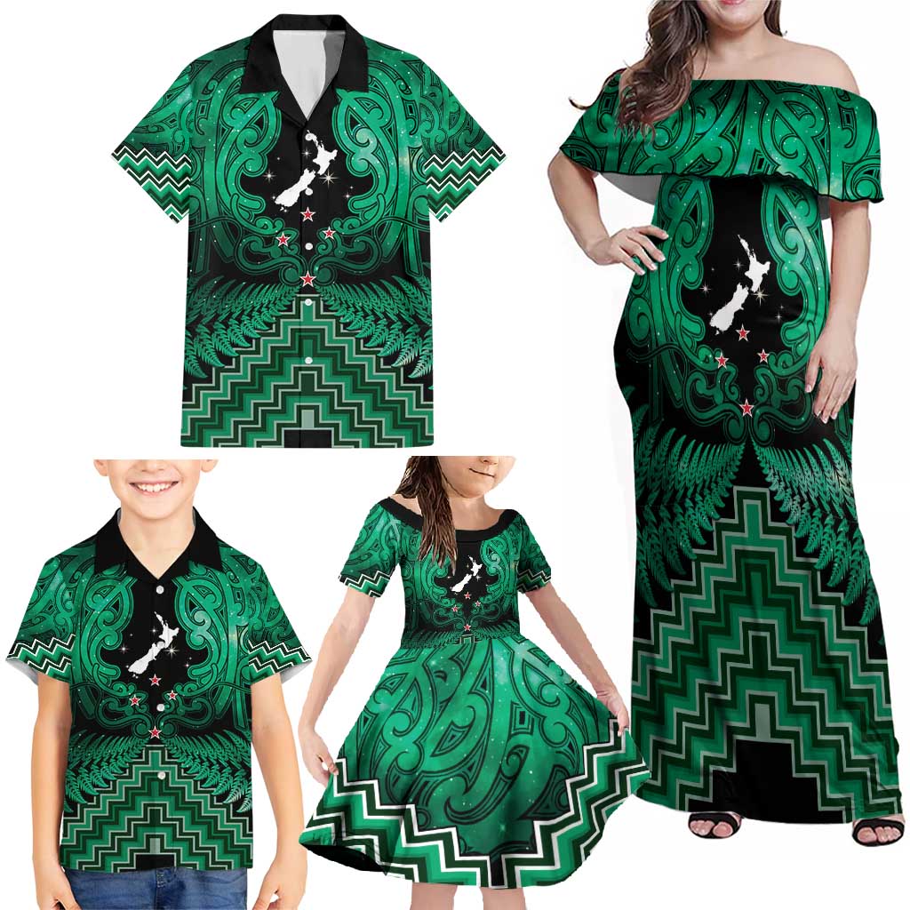 Personalised Aotearoa Matariki Family Matching Off Shoulder Maxi Dress and Hawaiian Shirt Green Fern Maori Poutama