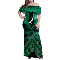 Personalised Aotearoa Matariki Family Matching Off Shoulder Maxi Dress and Hawaiian Shirt Green Fern Maori Poutama