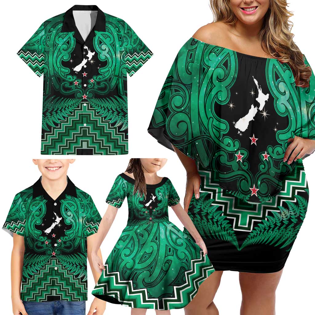 Personalised Aotearoa Matariki Family Matching Off Shoulder Short Dress and Hawaiian Shirt Green Fern Maori Poutama