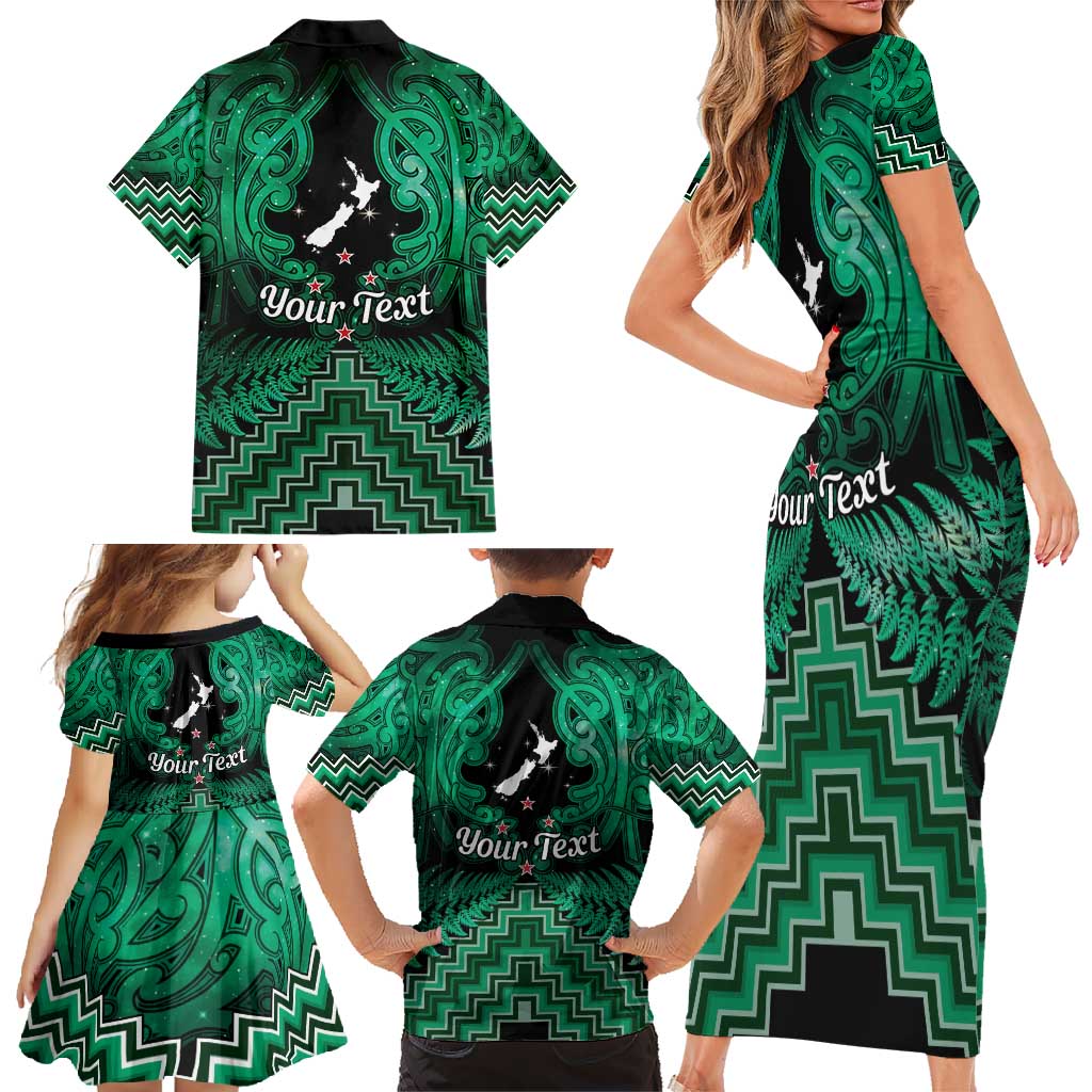 Personalised Aotearoa Matariki Family Matching Short Sleeve Bodycon Dress and Hawaiian Shirt Green Fern Maori Poutama
