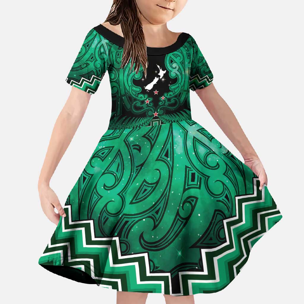 Personalised Aotearoa Matariki Family Matching Summer Maxi Dress and Hawaiian Shirt Green Fern Maori Poutama