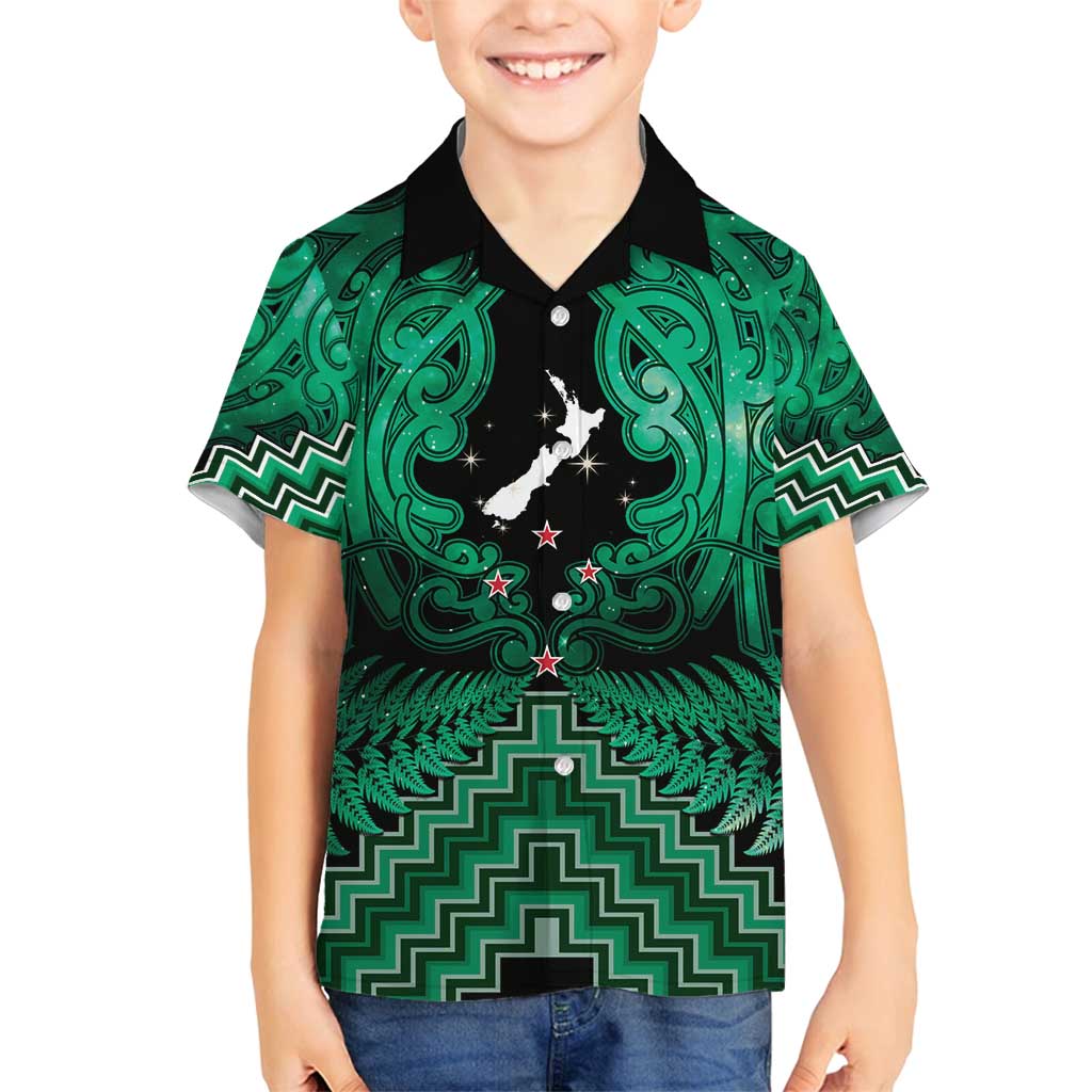 Personalised Aotearoa Matariki Family Matching Summer Maxi Dress and Hawaiian Shirt Green Fern Maori Poutama