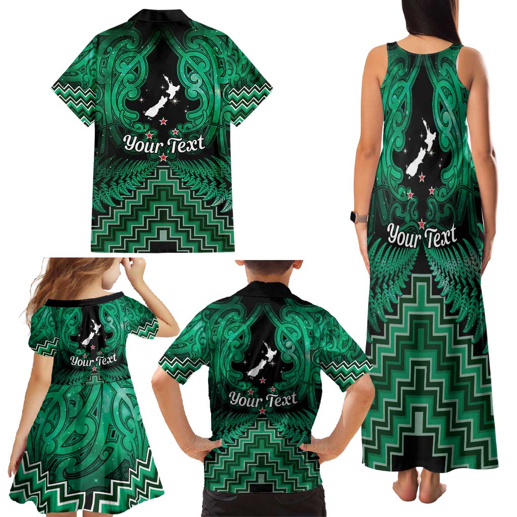 Personalised Aotearoa Matariki Family Matching Tank Maxi Dress and Hawaiian Shirt Green Fern Maori Poutama