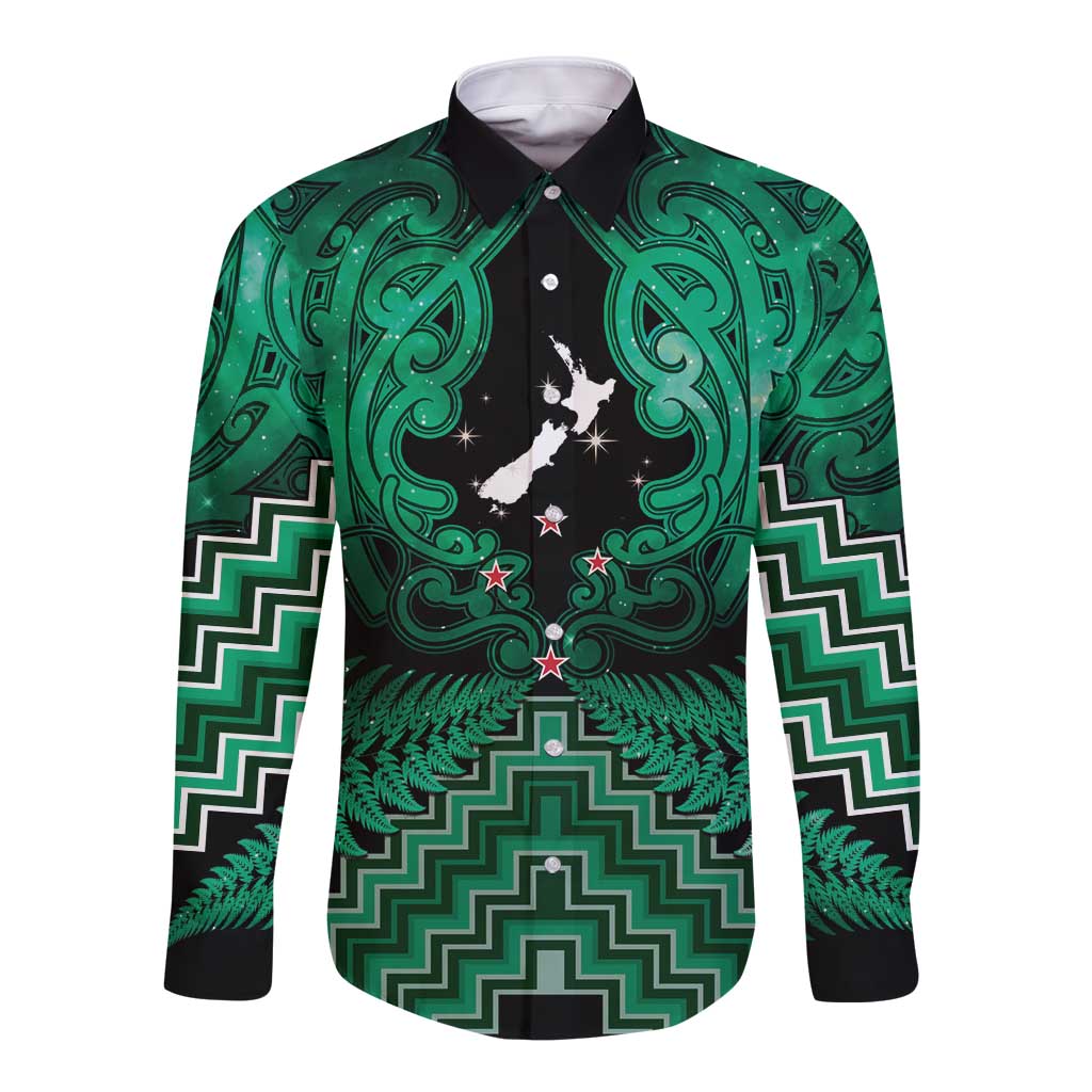 Personalised Aotearoa Matariki Long Sleeve Button Shirt Green Fern Maori Poutama