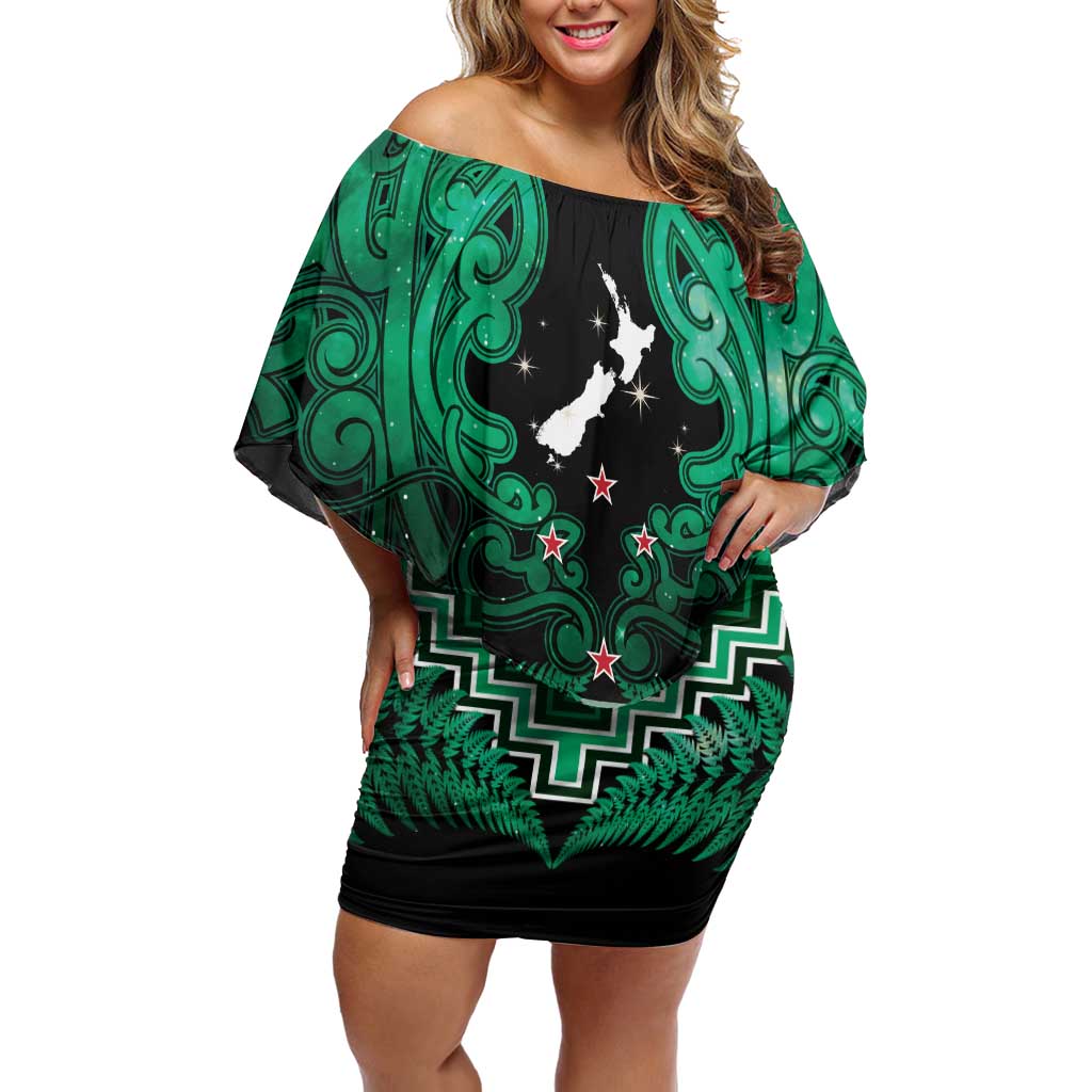 Personalised Aotearoa Matariki Off Shoulder Short Dress Green Fern Maori Poutama