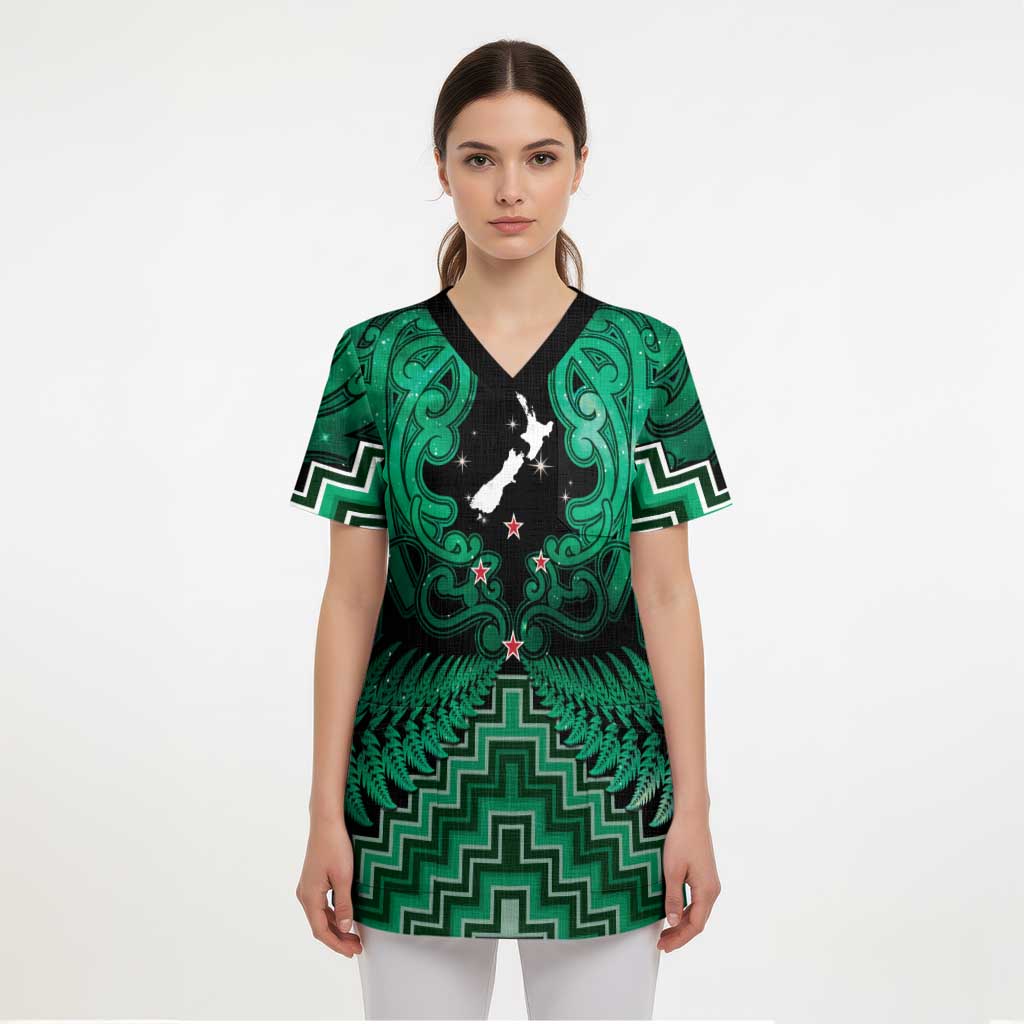 Personalised Aotearoa Matariki Scrub Top Green Fern Maori Poutama - Polynesian Pride