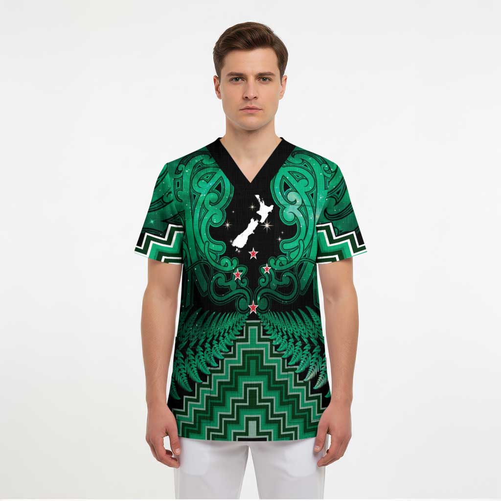 Personalised Aotearoa Matariki Scrub Top Green Fern Maori Poutama - Polynesian Pride