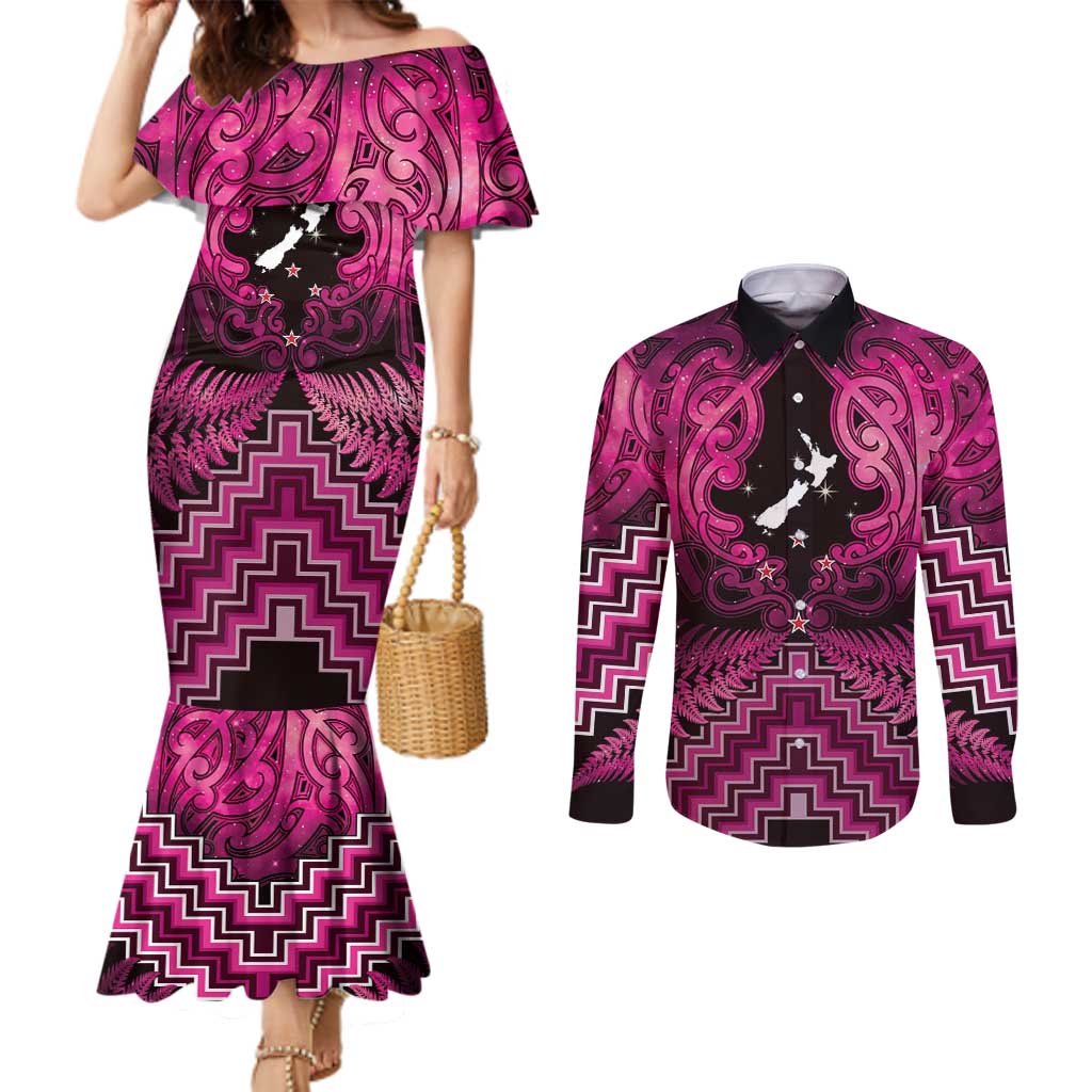 Personalised Aotearoa Matariki Couples Matching Mermaid Dress and Long Sleeve Button Shirt Pink Fern Maori Poutama