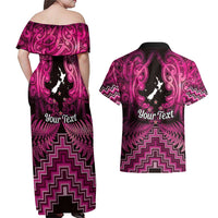 Personalised Aotearoa Matariki Couples Matching Off Shoulder Maxi Dress and Hawaiian Shirt Pink Fern Maori Poutama