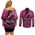 Personalised Aotearoa Matariki Couples Matching Off Shoulder Short Dress and Long Sleeve Button Shirt Pink Fern Maori Poutama