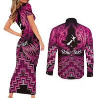 Personalised Aotearoa Matariki Couples Matching Short Sleeve Bodycon Dress and Long Sleeve Button Shirt Pink Fern Maori Poutama