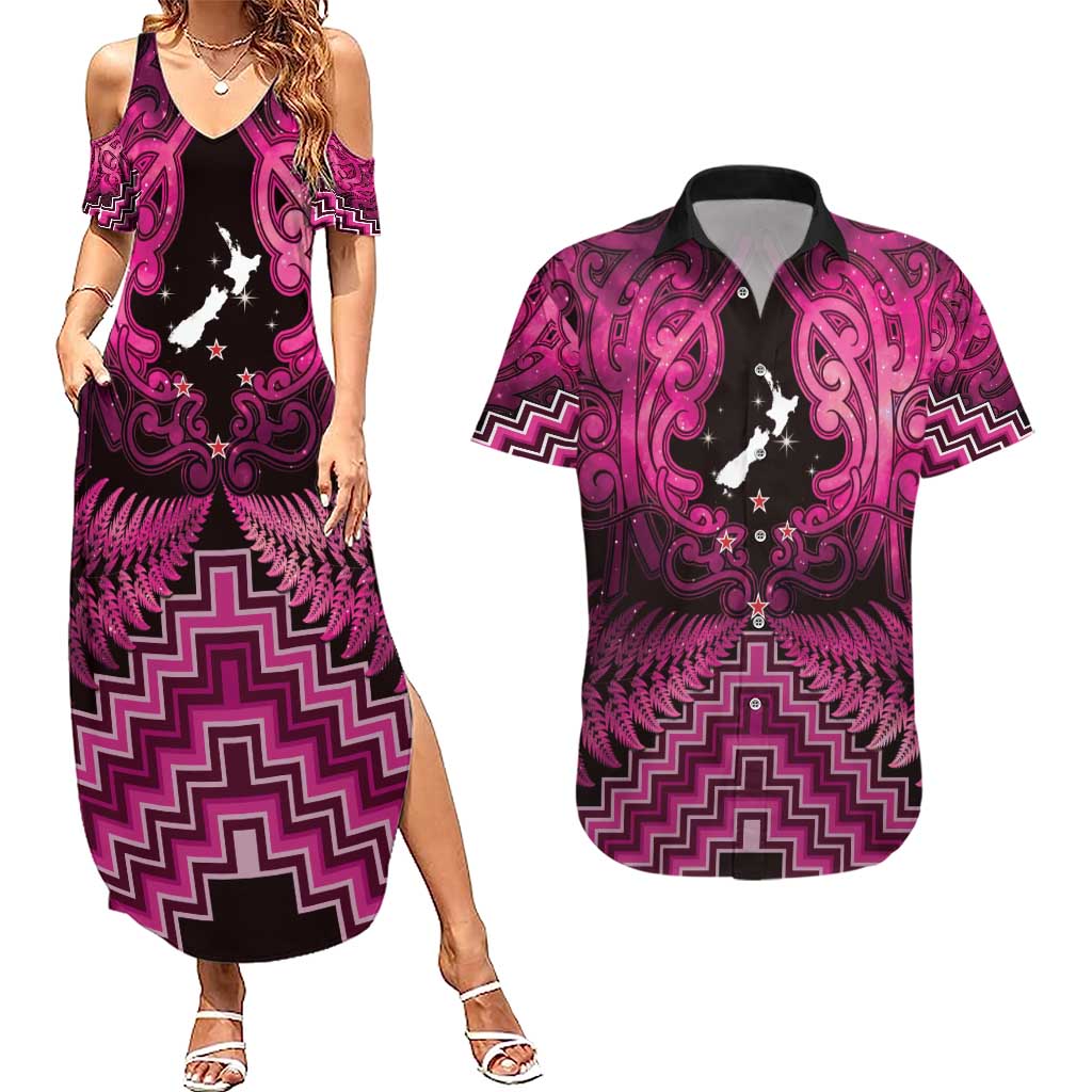 Personalised Aotearoa Matariki Couples Matching Summer Maxi Dress and Hawaiian Shirt Pink Fern Maori Poutama