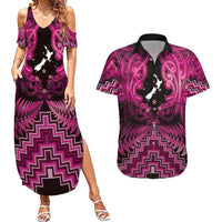 Personalised Aotearoa Matariki Couples Matching Summer Maxi Dress and Hawaiian Shirt Pink Fern Maori Poutama