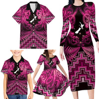 Personalised Aotearoa Matariki Family Matching Long Sleeve Bodycon Dress and Hawaiian Shirt Pink Fern Maori Poutama