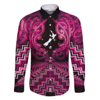 Personalised Aotearoa Matariki Family Matching Off The Shoulder Long Sleeve Dress and Hawaiian Shirt Pink Fern Maori Poutama