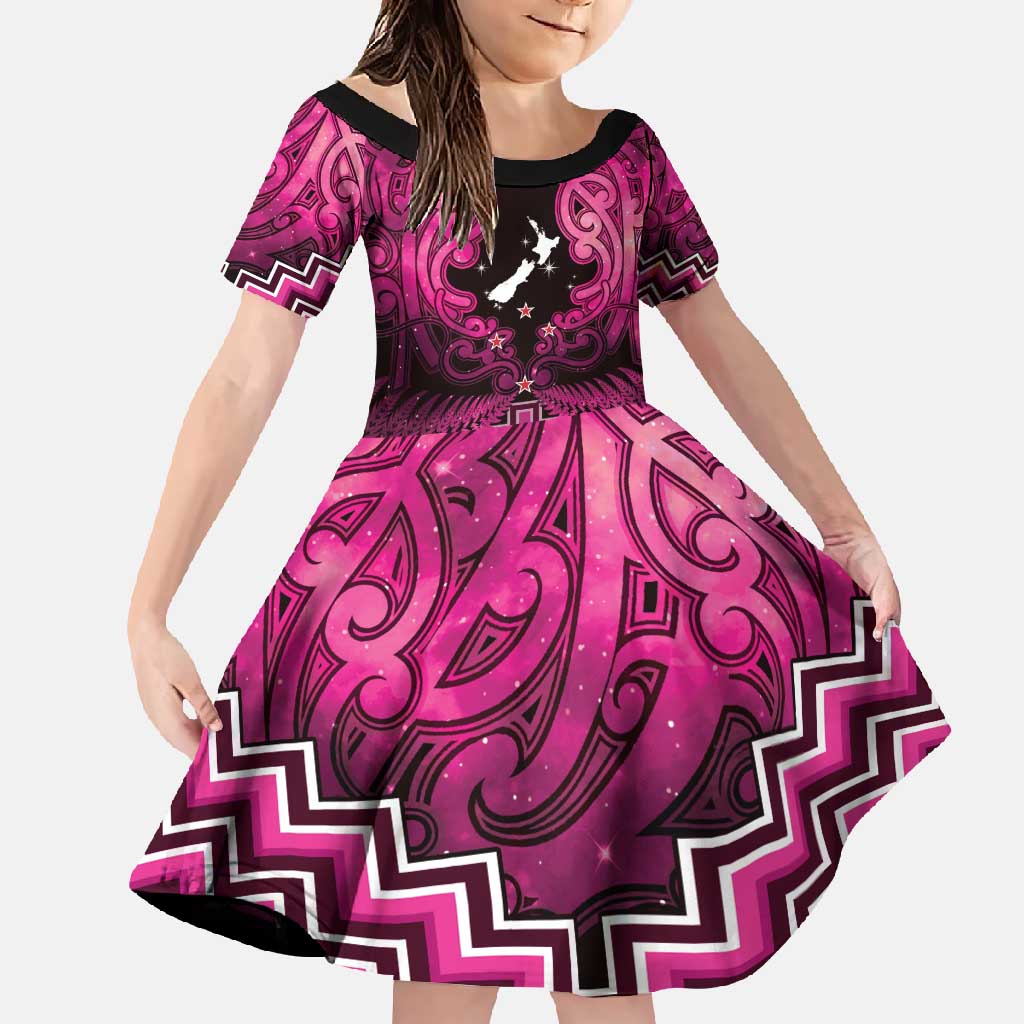 Personalised Aotearoa Matariki Family Matching Short Sleeve Bodycon Dress and Hawaiian Shirt Pink Fern Maori Poutama