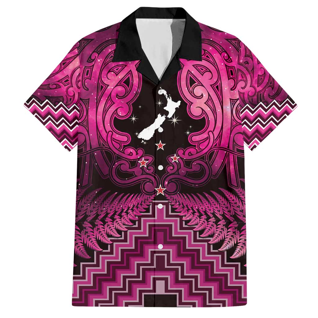 Personalised Aotearoa Matariki Family Matching Short Sleeve Bodycon Dress and Hawaiian Shirt Pink Fern Maori Poutama
