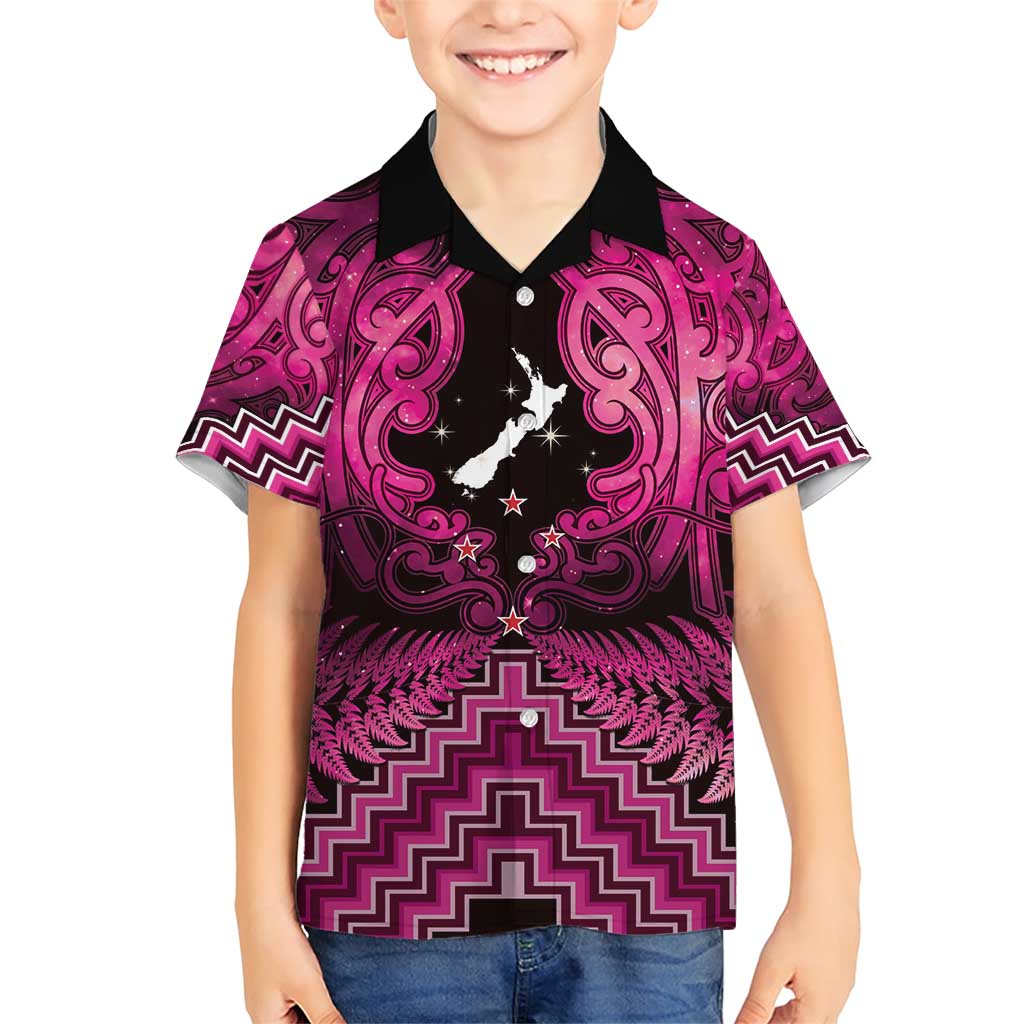 Personalised Aotearoa Matariki Family Matching Short Sleeve Bodycon Dress and Hawaiian Shirt Pink Fern Maori Poutama