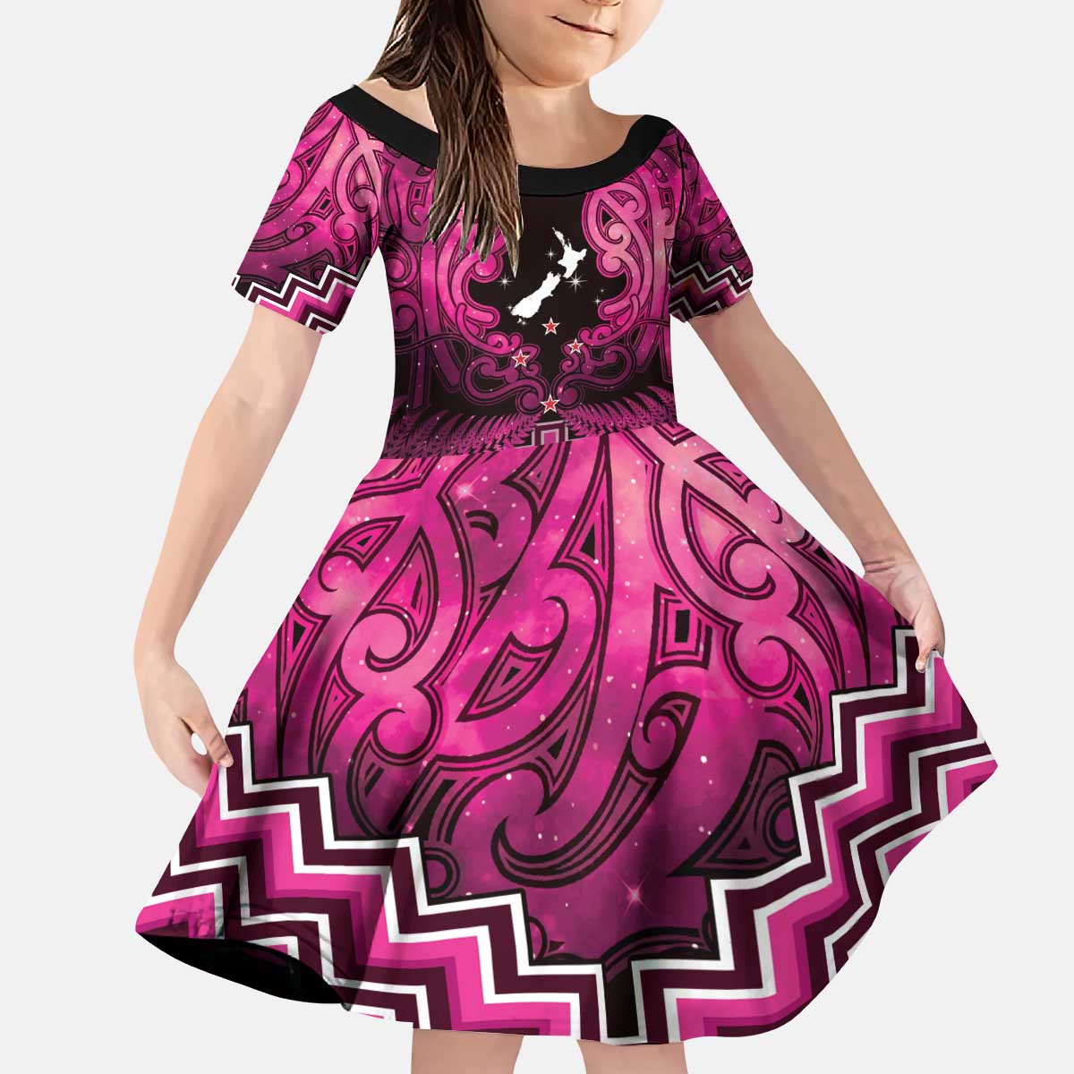 Personalised Aotearoa Matariki Kid Short Sleeve Dress Pink Fern Maori Poutama