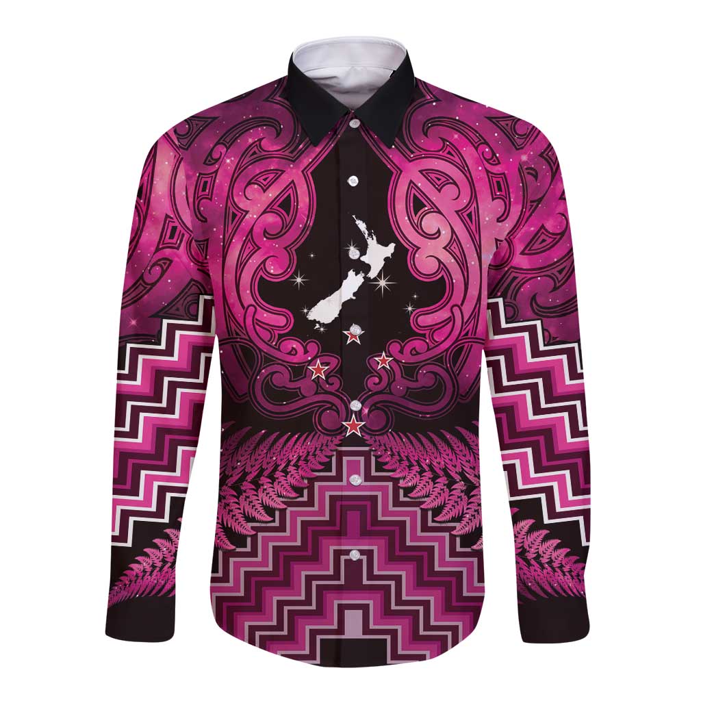 Personalised Aotearoa Matariki Long Sleeve Button Shirt Pink Fern Maori Poutama