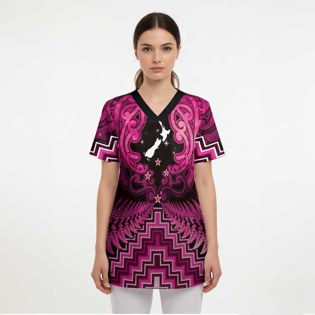 Personalised Aotearoa Matariki Scrub Top Pink Fern Maori Poutama - Polynesian Pride