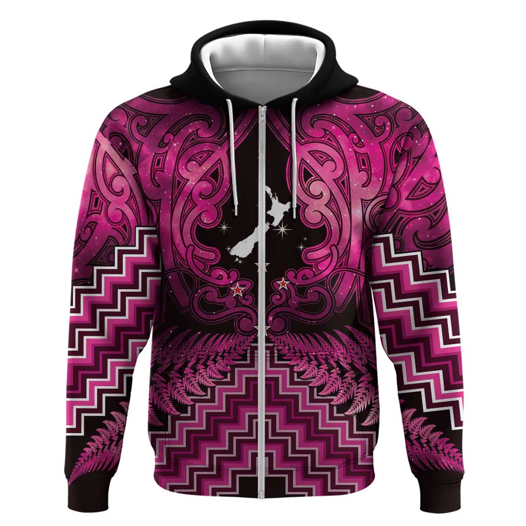 Personalised Aotearoa Matariki Zip Hoodie Pink Fern Maori Poutama LT01 Zip Hoodie Pink - Polynesian Pride