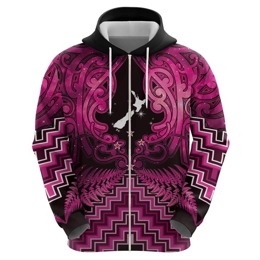 Personalised Aotearoa Matariki Zip Hoodie Pink Fern Maori Poutama LT01 - Polynesian Pride